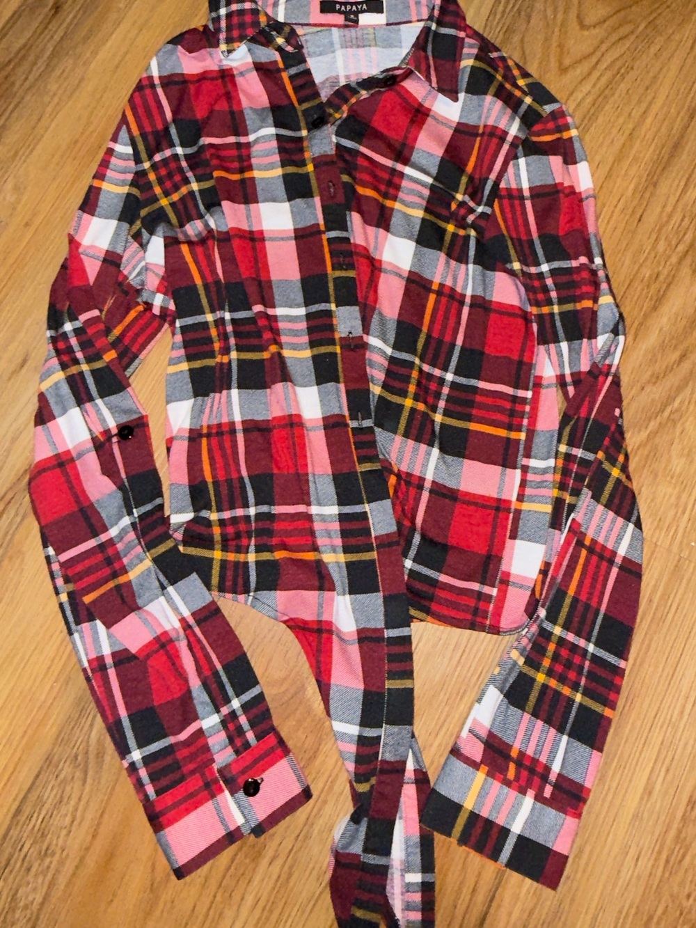 Papaya Red and Black Plaid Tie-Front Button-Down Top